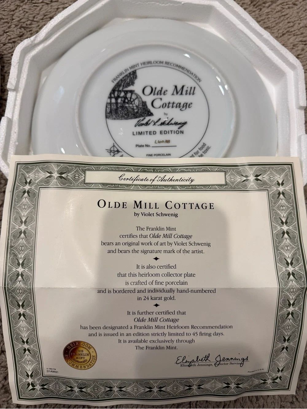 Franklin Mint Olde Mill Cottage Violet Schwenig Limited Collector Plate COA
